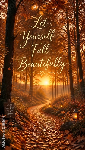 Golden autumn forest path at sunset with glowing lanterns, fallen maple leaves, wooden sign and inspirational script quote about slowing down in fall