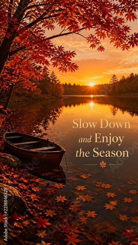 Serene autumn lake at sunset with a wooden rowboat, red maple tree, floating leaves and calming script quote about slowing down and enjoying the season