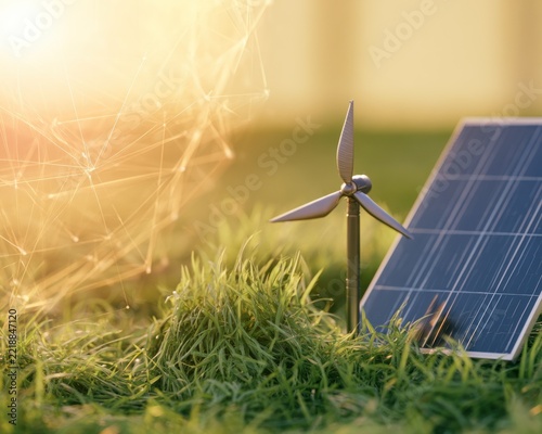 Solar panel and wind turbine model in green grass with network overlay