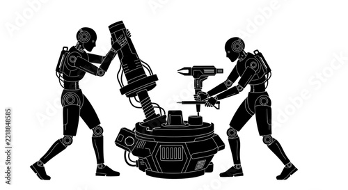 Two futuristic humanoid robots working together to assemble large piece of complex industrial machinery