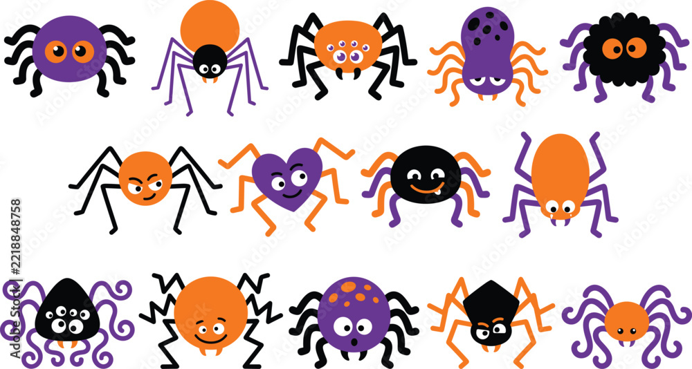 Fototapeta premium A collection of cute pixel art spiders for a festive halloween vector design set on white background