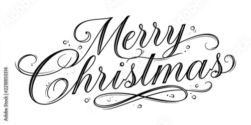Merry Christmas black script typography with decorative swashes on white background