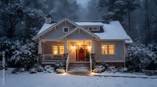 Charming cottage house exterior at dusk during a winter snowfall, with warm glowing lights and a festive wreath on the front door