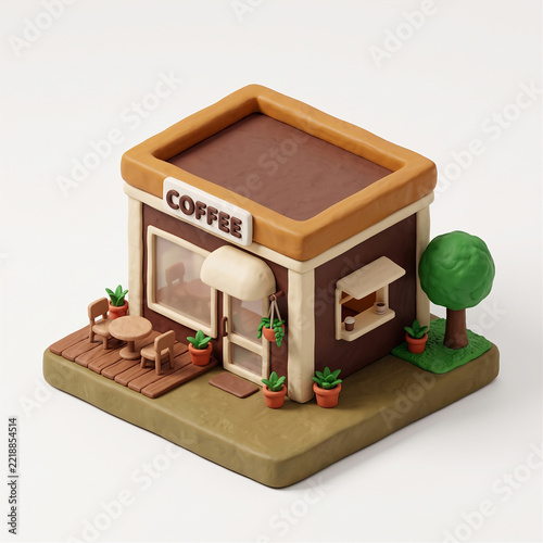 Isometric Coffee Shop Clay Miniatur 3D Clipart Illustration
