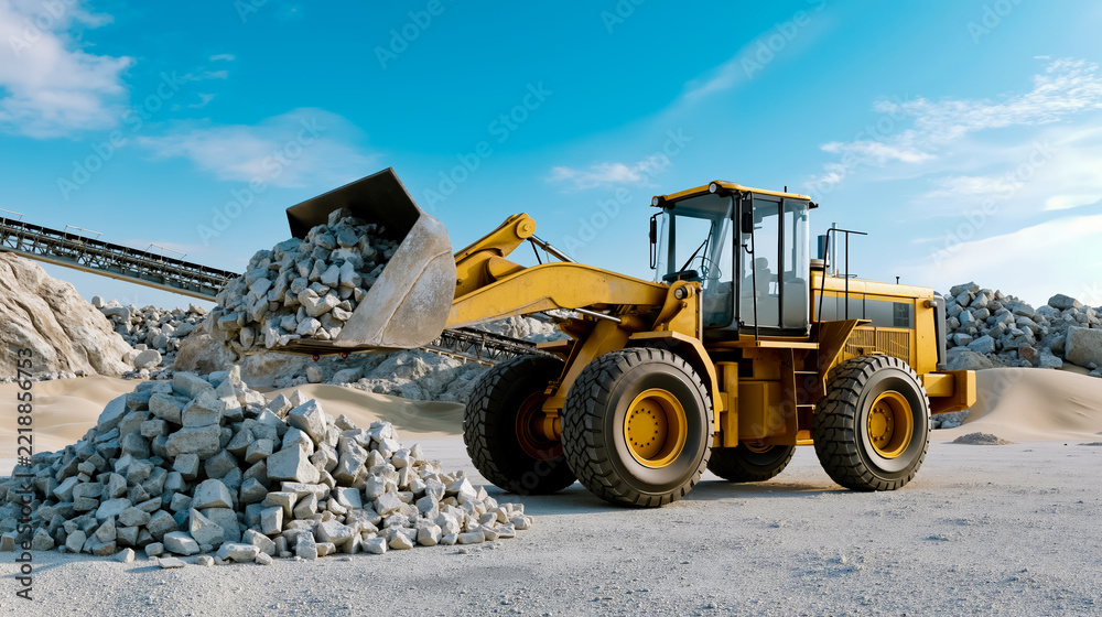 Fototapeta premium A yellow bulldozer is loading a pile of gray rocks onto a conveyor belt