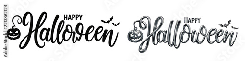 Happy Halloween typography text design with metallic silver style and mini pumpkin on black