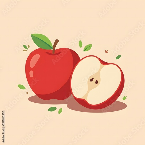 Fresh Red Apple and Half Cut Apple with Green Leaves on a Beige Background – Minimalist Vector Illustration