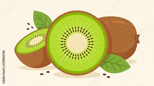 Fresh Green Kiwi Fruit Slices with Whole Kiwi and Botanical Leaves on a Beige Background