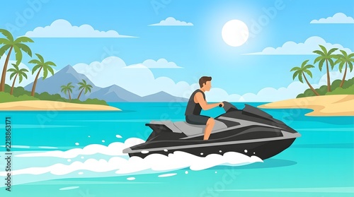 Jet Ski Adventure on Tropical Beach with Turquoise Ocean, Palm Trees and Sunny Summer Landscape – Vector Illustration