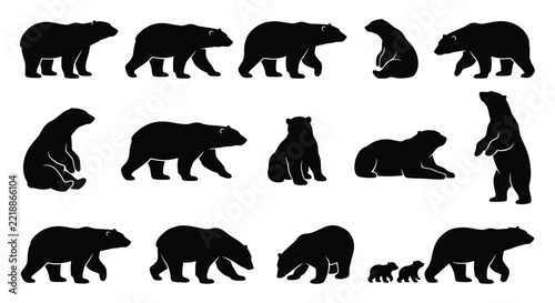 Polar bear silhouettes depict various poses against a white background