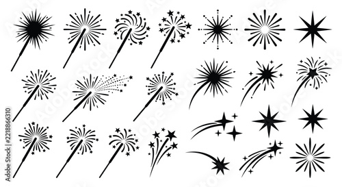 Collection of firework silhouettes with starburst patterns on a white background