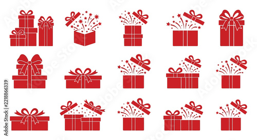Red gift boxes both closed and exploding with fireworks are displayed