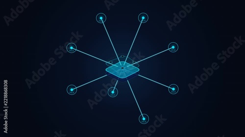 Central corporate hub forming a cascading business network connection with orbiting nodes.