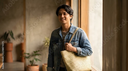 Handsome young Indonesian man wearing a casual denim jacket while carrying a traditional handcrafted woven bag, standing in a minimalist modern indoor setting with lush plants and natural light