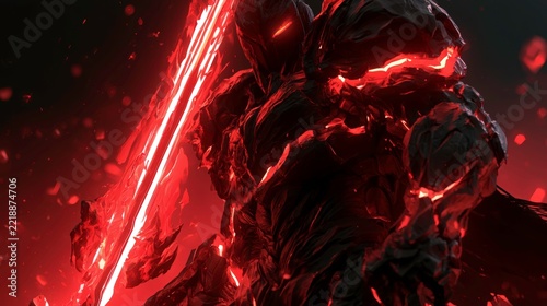 Armored warrior knight with glowing red energy holding blazing sword in dark fantasy battle scene illustration