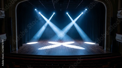 Empty theater stage with bright spotlights shining down on wooden floorboards