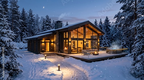 Modern luxury wooden cabin with large glass windows in a snowy forest landscape at twilight