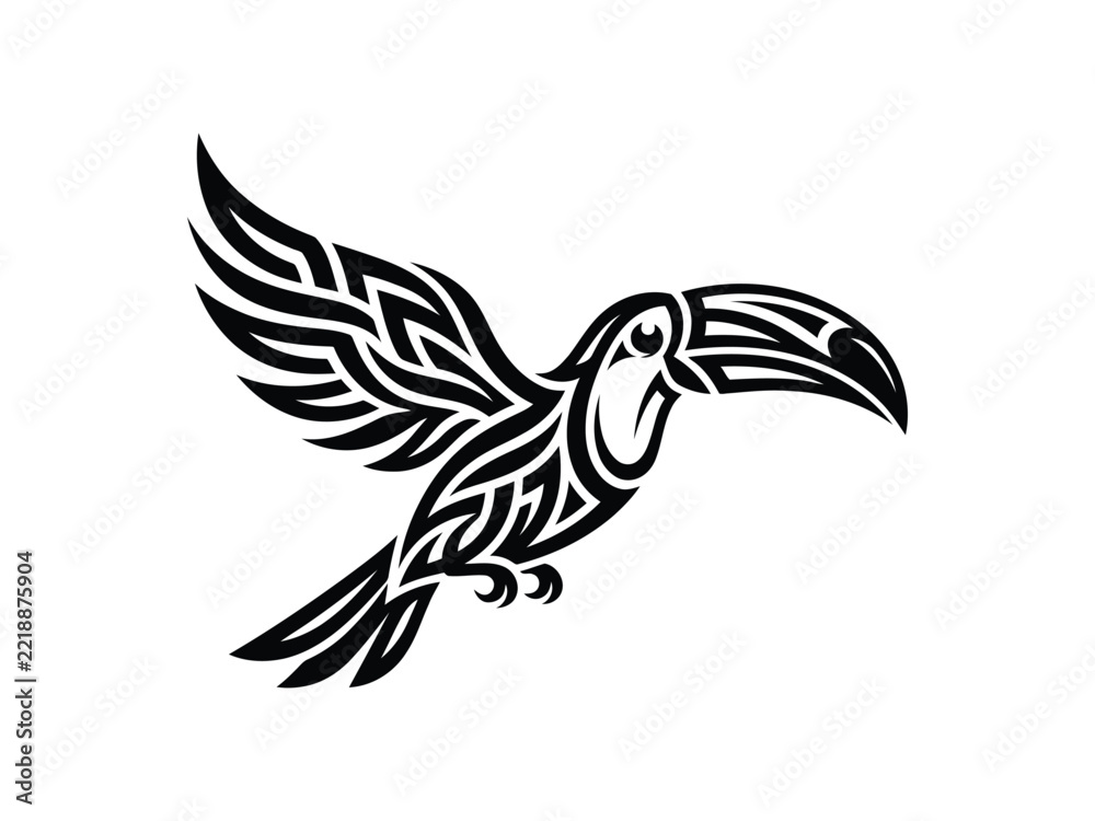 Fototapeta premium Toucan bird tribal tattoo design in flight during daytime isolated on white background