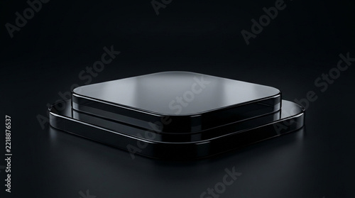Minimalist black square pedestal on dark reflective surface
