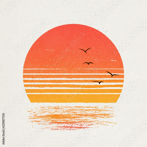Retro Sunset Design for Vintage Print on Demand Projects Featuring Calm Ocean Waves and Birds