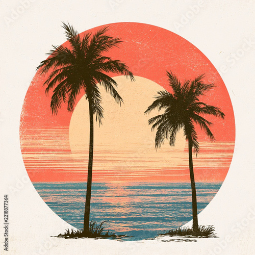 Vintage Retro Sunset Design with Palms for Print on Demand Perfect for Beach Lovers and Art Enthusiasts