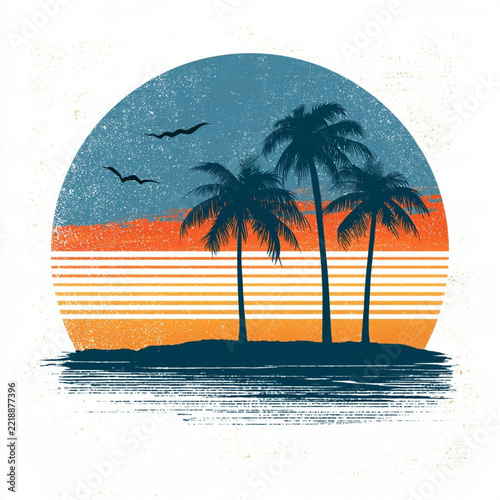 Retro Sunset Design with Palms and Birds for Vintage Print on Demand Artwork