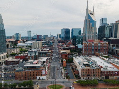 Nashville, Tennessee skyline and Lower Broadway on a cloudy day