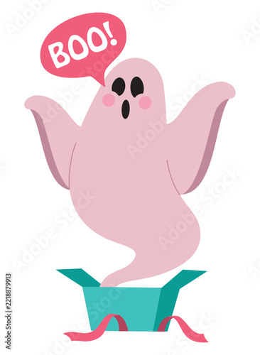 Cute Pink Ghost Popping Out of Gift Box Saying Boo Halloween Cartoon Illustration