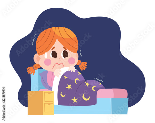 Child Afraid of the Dark in Bedroom Cartoon Illustration