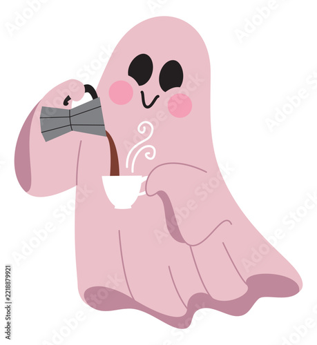 Cute Pink Ghost Pouring Hot Coffee into Cup Halloween Cartoon Illustration