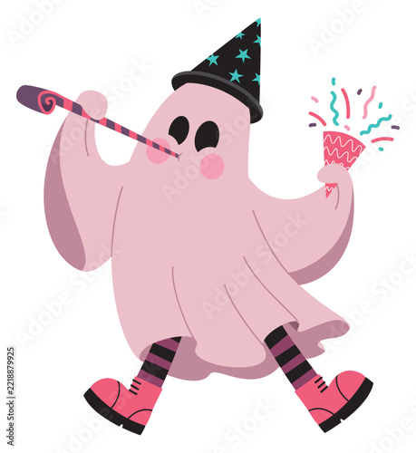 Cute Pink Ghost Celebrating Party with Horn and Confetti Popper Cartoon Illustration