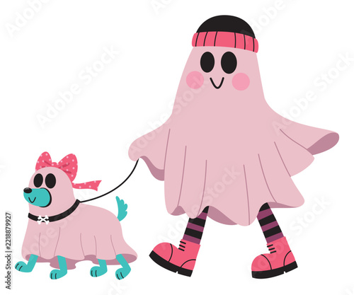 Cute Pink Ghost Walking Dog in Halloween Costume Cartoon Illustration