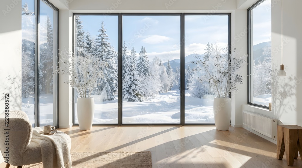 Fototapeta premium Modern living room with large floortoceiling windows overlooking a beautiful snowy winter forest landscape