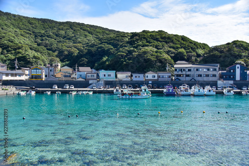 コバルトブルーの澄み切った海と静かな港に佇む柏島の景観