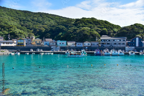 陽光に煌めく透き通った海と豊かな緑の山々に囲まれた柏島の港