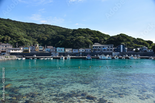 澄み渡るエメラルドグリーンとコバルトブルーの海が広がる高知・柏島の港風景