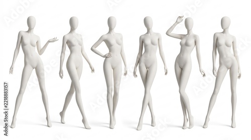 Set of white female mannequins in various standing and walking poses for fashion design and apparel prototyping on white background