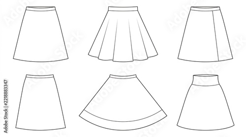 Technical fashion sketches of various women's skirt silhouettes and pleat styles for apparel design templates