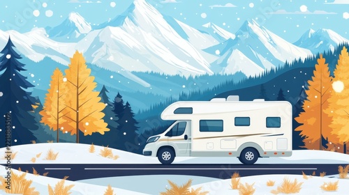 Camper Van Driving on Scenic Mountain Road in Winter Snow