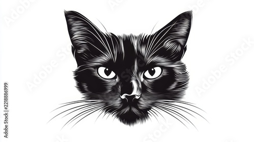 Minimalist black cat face illustration with detailed whiskers and sharp eyes on clean white background design element