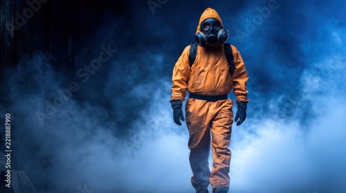 A figure in an orange hazard suit and gas mask walks through a foggy, dimly lit environment