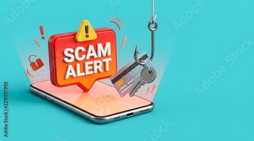 A scam alert on a mobile phone, showing a fishing hook with a credit card and key for concept of online fraud.