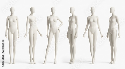 Set of white female mannequins in various standing poses for clothing display on white background