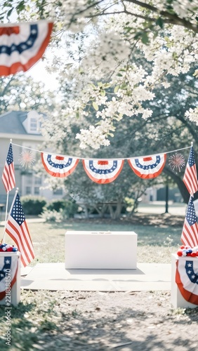 Patriotic celebration backdrop with American flags, white podium, and blooming spring trees