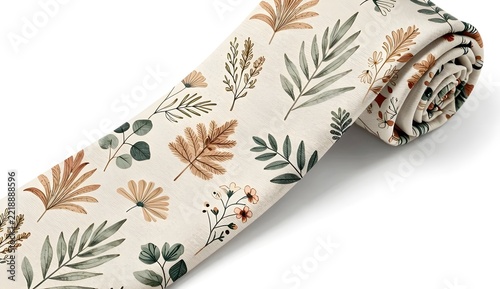 Roll of cotton fabric featuring a modern autumn botanical pattern with leaves and branches