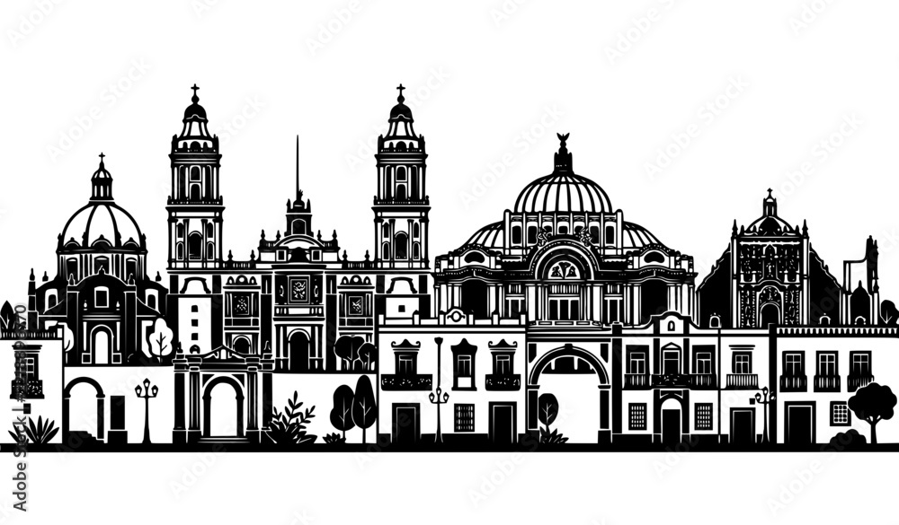 Obraz premium Historic Mexico City Architecture Panorama Black White Minimalist Vector
