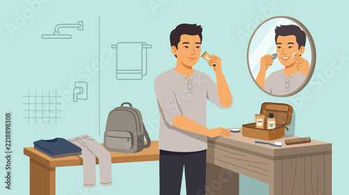 Man Shaving in Bathroom, Morning Routine, Travel Preparation, Isolated
