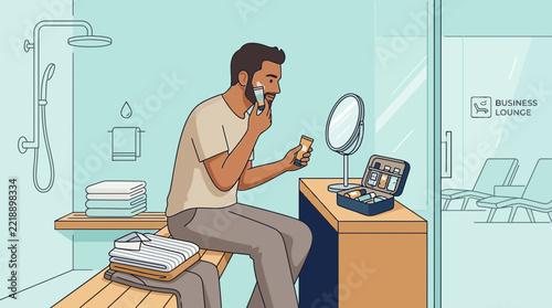 Man shaving in business lounge bathroom, travel grooming