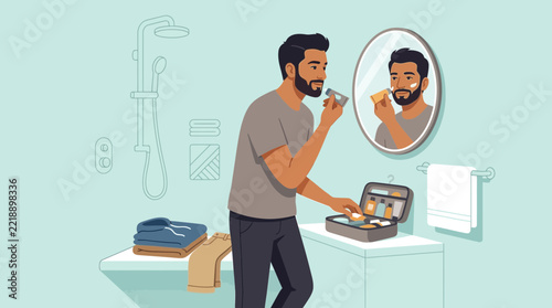 Man Shaving in Bathroom, Morning Routine, Skincare, Toiletry Bag