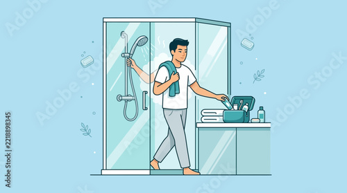 Man showering and getting ready, bathroom hygiene, personal care routine